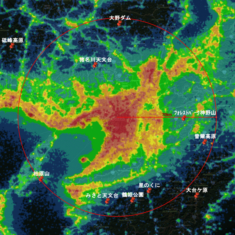 光害マップ関西の天体観測地2